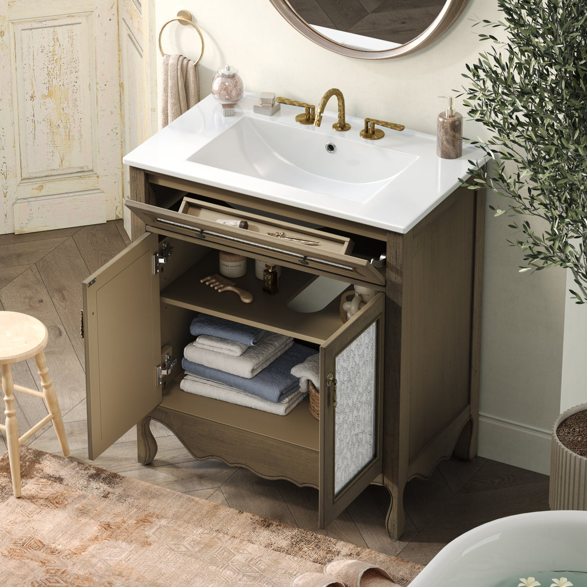 30' Antique Pattern Bathroom Vanity with Rectangle Ceramic Sink, Bathroom Vanity Cabinet with Tip-Out Tray / Flip-Out Drawer, Equipped with Antique Handles and Rubber Wood legs, Vintage Light Brown