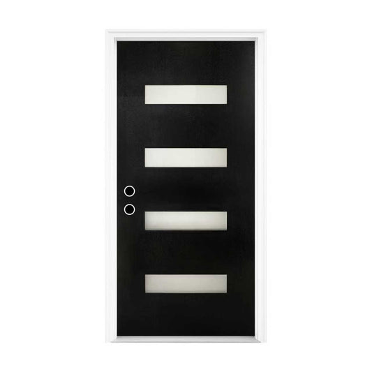 36 x 80 Fiberglass Entry Door with Brickmould, Frosted Glass - Contemporary Style for Home's Front Entrance, Right Hand Inswing, Black Finished Knock-Down Fiberglass Door with 4-9/16 White Vinyl Frame