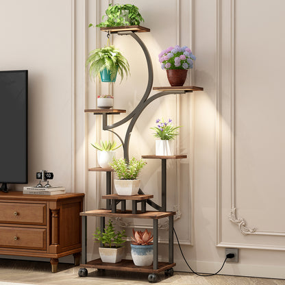 Plant Stand Indoor with Grow Lights - 62" Tall Plant Shelf, Lighted Corner Plant Stands for Indoor Growing, 8 Tiered Large Flower Holder - Walnut Color
