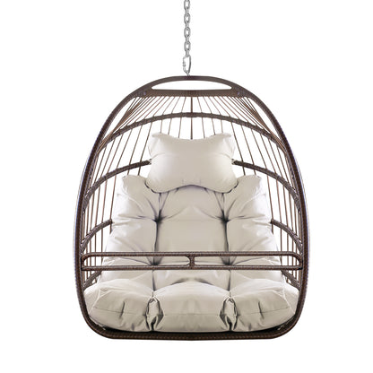 W2707P184371 Khaki Hanging Swing Egg Chair, Indoor Outdoor Anti-Aging Resin Wicker Hammock Chair with Removable Guardrail, Cup Holder, UV Resistant Thick Cushion, Foldable Lounge Chair, 350lbs Capacit