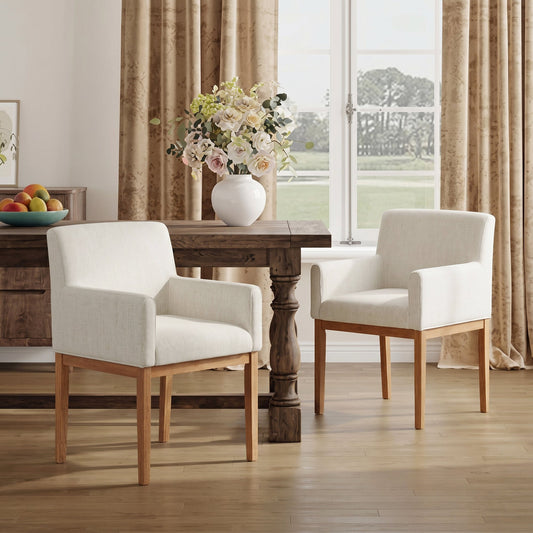 Modern Upholstered Dining Chair with Arms, Rubber Wood leg, Fabric & Foam Padded Seat for Kitchen, Dining Room, Living Room(Set of 2) ,Natural+Beige