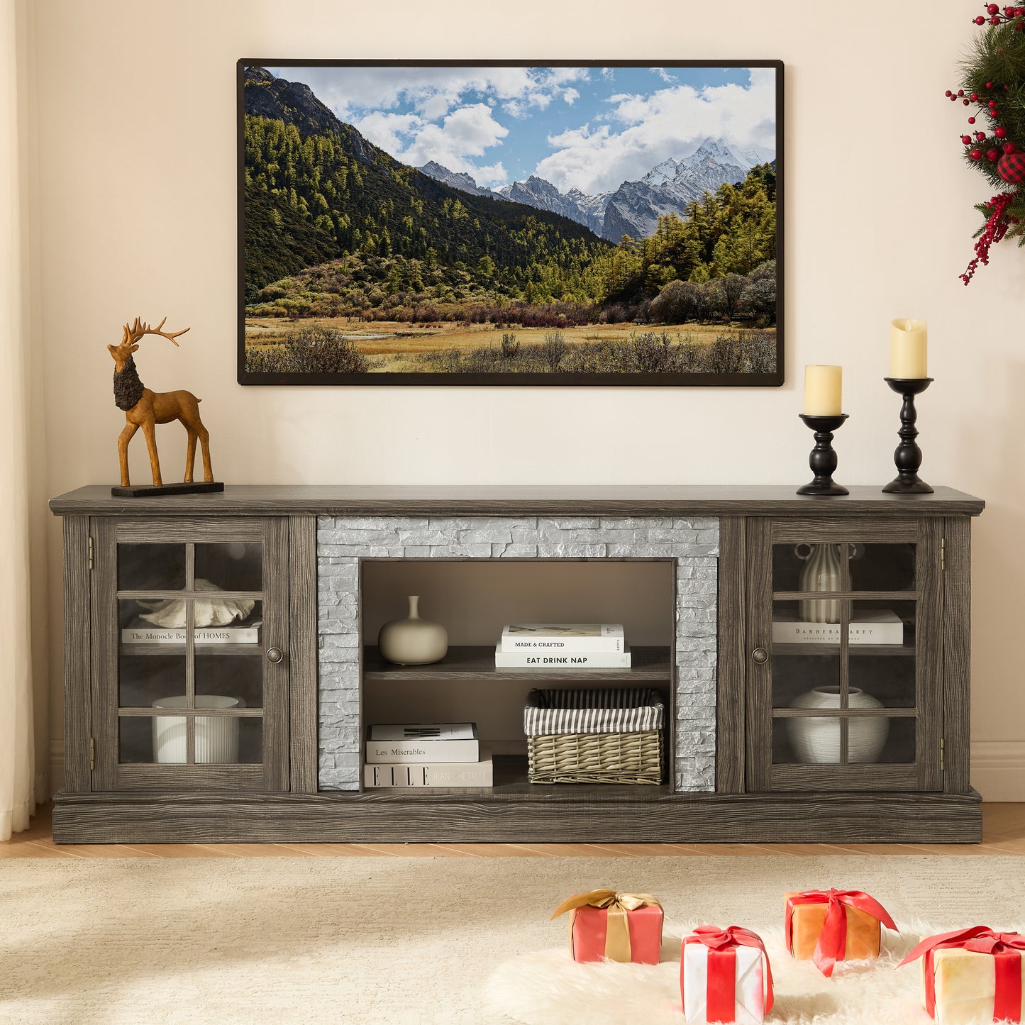 70' Modern TV Stand with 2-Door Storage, Faux Stone Media Console Cabinet, Grey Large Entertainment Center for Living Room