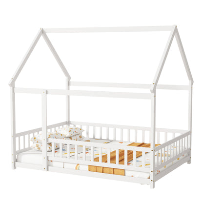 Full Size House Floor Wooden Bed with Roof Frame, Safety Guardrails,Whtie