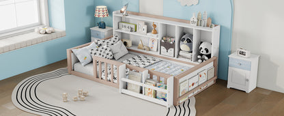 Twin Size Kids Wooden Platform Bed Frame with Guardrail Fence, Side Storage Shelves & Book Shelf, Space Saving Floor Bed,Nude and  White