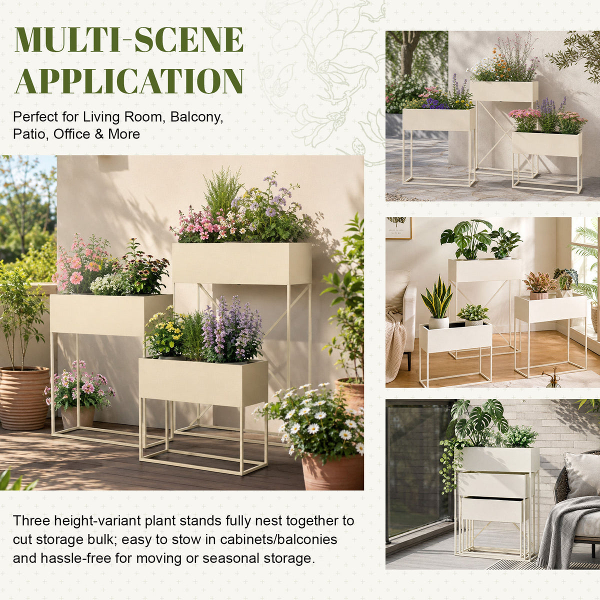 3‑Pack Pre‑Assembled Beige Metal Elevated Planter Stand with Non‑Woven Liner, UV‑Resistant Rectangular Raised Herb Flower Planter Box for Patio Balcony Indoor Outdoor