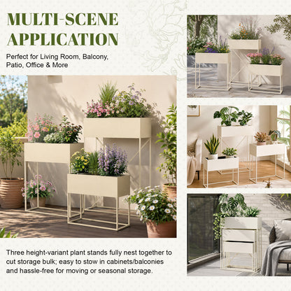 3‑Pack Pre‑Assembled Beige Metal Elevated Planter Stand with Non‑Woven Liner, UV‑Resistant Rectangular Raised Herb Flower Planter Box for Patio Balcony Indoor Outdoor