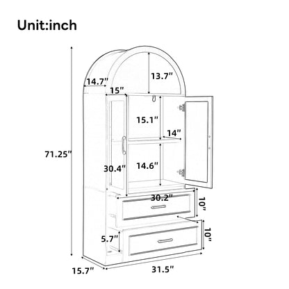 [Video] Modern Minimalist Arched Top Storage Cabinet with Tempered Glass Doors, Fixed 2-Tier Shelves, 2 Large Drawers, Soft Close Hinges & Exquisite Metal Handles, White