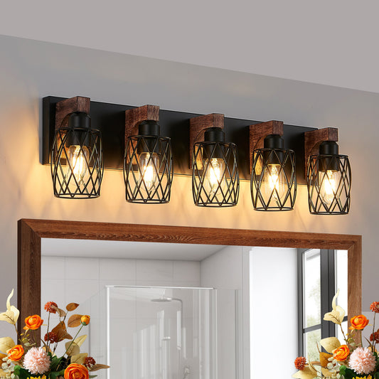 31" Industrial Vintage 5-Light Wall Sconce - Black Cage Wall Lighting Fixture with Wooden Accents, or Living Room (Bulb Not Included)