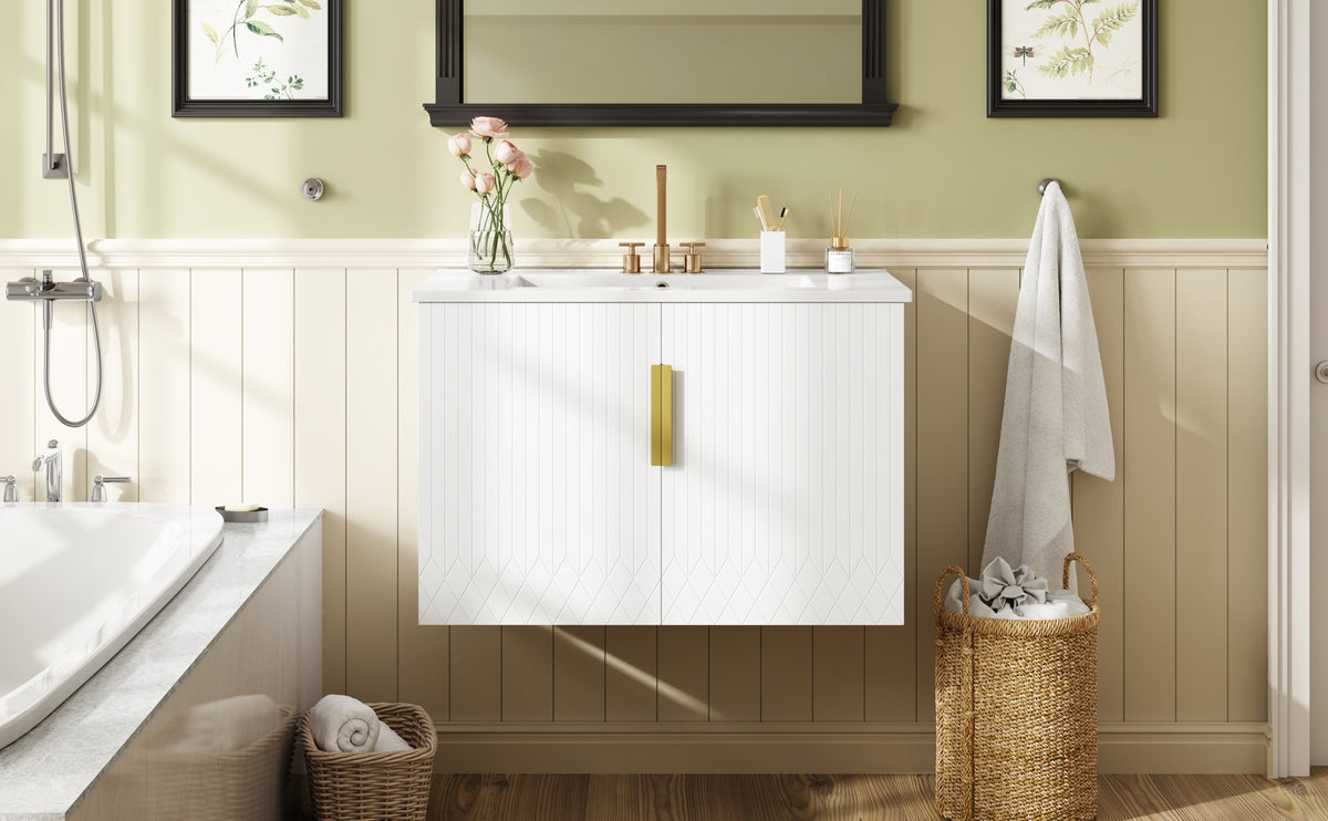 30" Vintage Bathroom Vanity with Ceramic Sink, with 3 Holes Single Ceramic Sink, Bathroom Storage Vanity Cabinet with 2 Soft Closing Doors