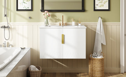30" Vintage Bathroom Vanity with Ceramic Sink, with 3 Holes Single Ceramic Sink, Bathroom Storage Vanity Cabinet with 2 Soft Closing Doors