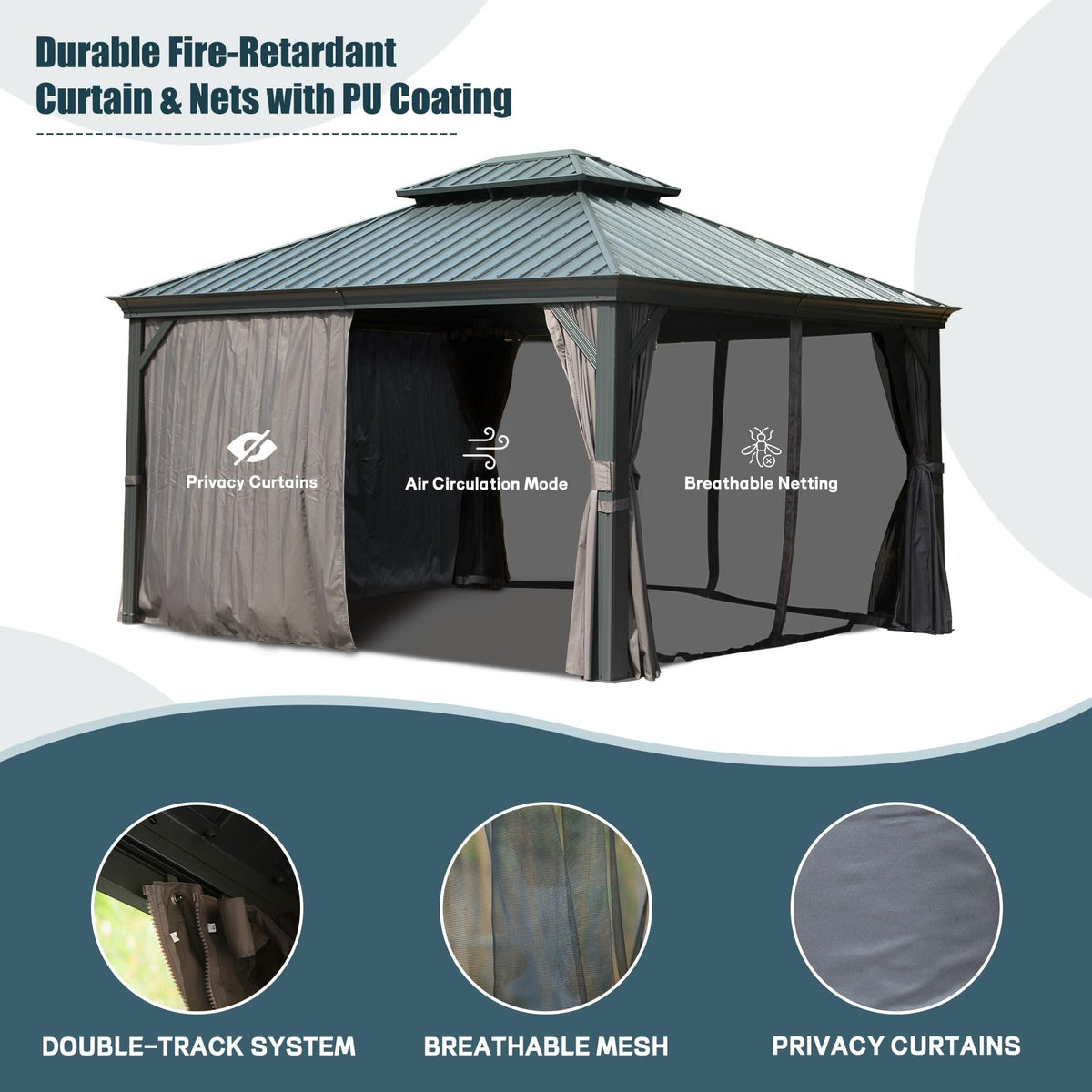 12" X 14" Hardtop Gazebo Permanent Aluminum Outdoor Gazebo with Galvanized Steel Double Roof, Drainage Gutters, Curtains