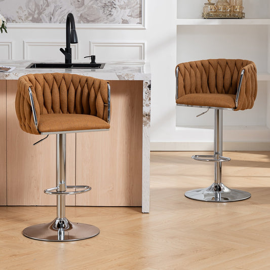 360° Fabric cover Swivel Bar Stools Set of 2, Adjustable Counter Height Bar Chairs with Woven Back & Footrest, Silver chromed Bar Stools for Kitchen Island, Cafe, Pub (CARAMEL)