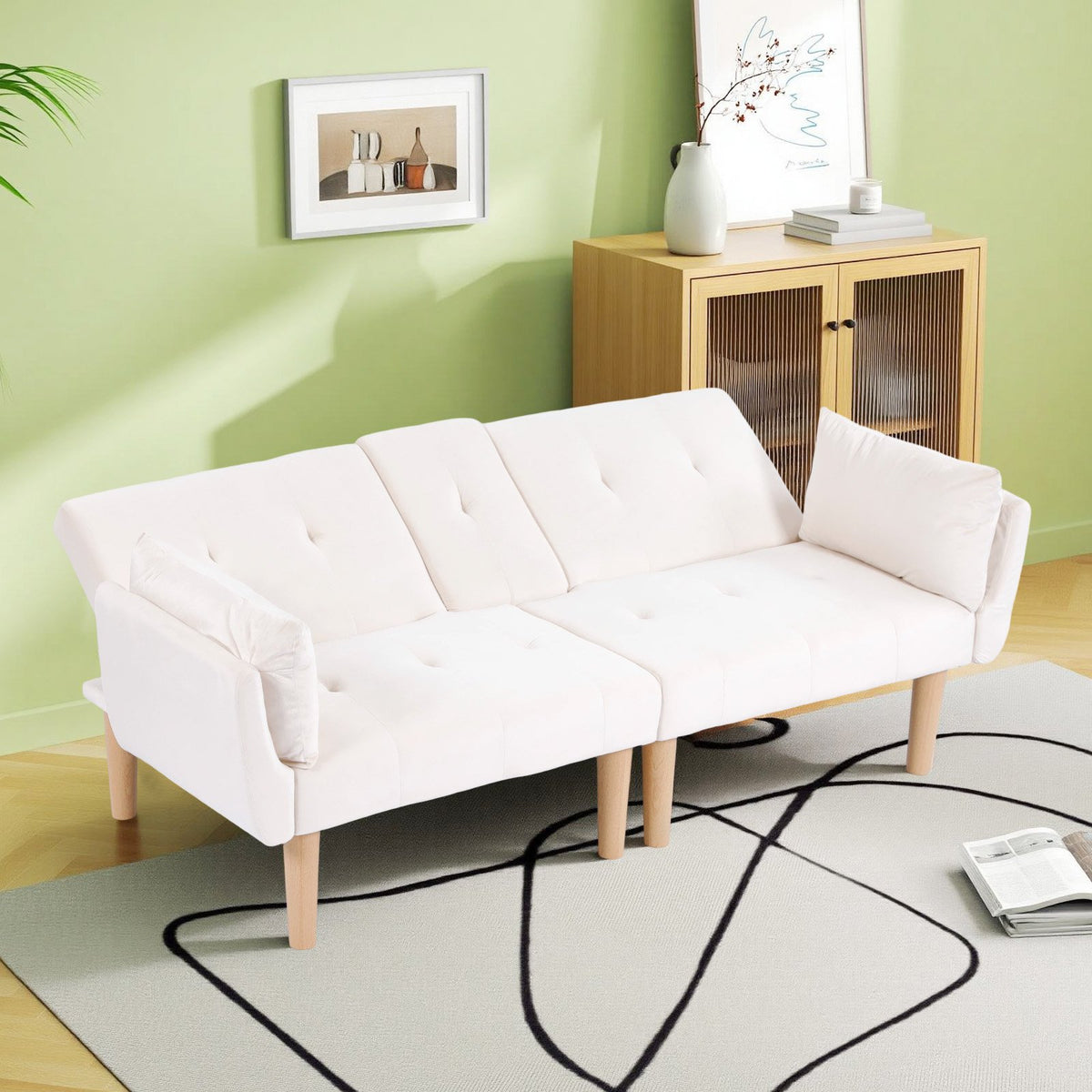 72 Inch Foldable Beige Double Sofa, Soft Velvet Upholstery, Comfortable Leisure 2‑Person Couch for Living Room Apartment.
