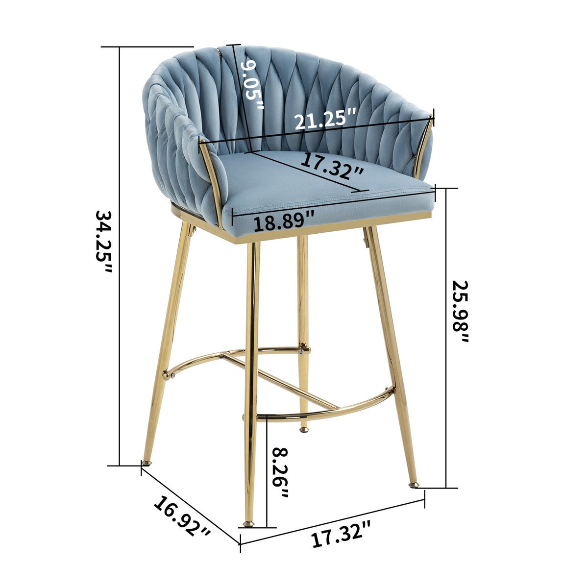 26'' Counter height bar stools Set of 2 kitchen island counter bar stool with hand- wave back, golden chromed base and footrest - Blue