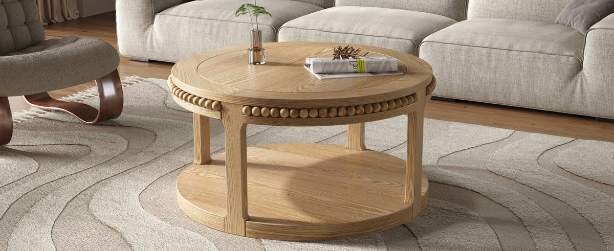 31.5 Inch Round Solid Wood Coffee Table & Sofa Table - Two-Tier Thickened Top, Sturdy Legs, Circle Table - Natural Wood