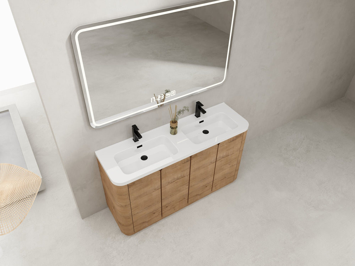 60'' Freestanding Bathroom Vanity with White Resin Sink, 4-Soft-Close Door, KD-Packing, Plywood, Imitative Oak