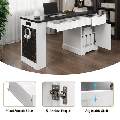 55" Modern Fluted Office Desk with Storage Cabinet & Drawers, Computer Writing Desk with Power Outlet, Pegboard