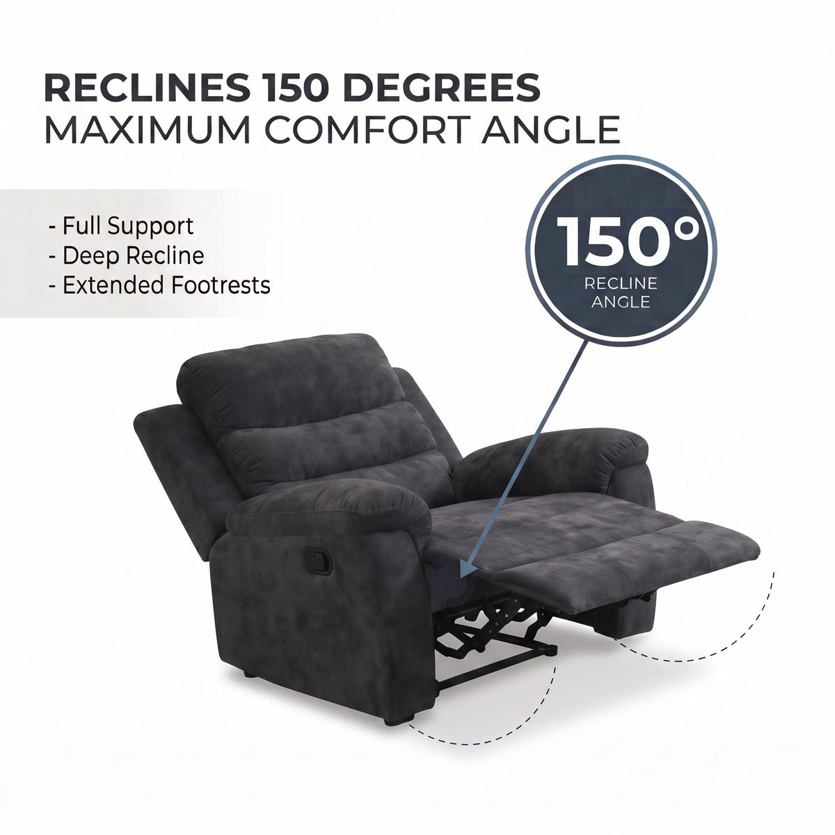 35 Inch Single Manual Recliner Chair, Dark Gray Textured Fabric Reclining Sofa Chair with 150° Deep Recline, Extended Footrest, High Density Foam, Ergonomic Lounge Chair for Living Room Bedroom