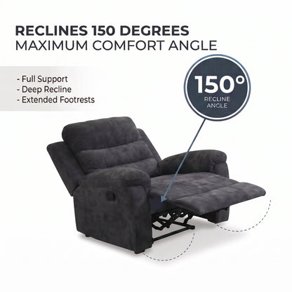 35 Inch Single Manual Recliner Chair, Dark Gray Textured Fabric Reclining Sofa Chair with 150° Deep Recline, Extended Footrest, High Density Foam, Ergonomic Lounge Chair for Living Room Bedroom