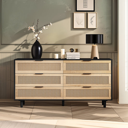 59.06" 6-Drawers Rattan Storage Cabinet Rattan Drawer, Black (Same SKU:W757132849)