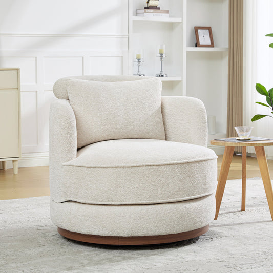 33.86"W Swivel Barrel Chair with Chenille,360° Swivel Chair with 1 Plump Pillow and a Circular Wooden Base Ring,Swivel Round Chair with Removable Cushion for Living Room Bedroom Apartment,Beige