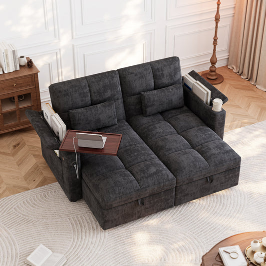 66.33" Modular Sleeper Sofa with Double Storage Chaise, 5-Position Adjustable Backrest, USB Port, Foldable Side Tray & Cup Holder, Convertible Chenille Sectional Sofa Bed for Apartment Living Room, D