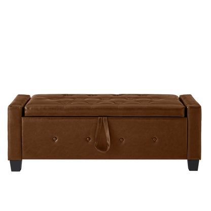 48" Ottoman Bench with Storage, Upholstered Tufted Faux Leather PU Ottoman Brown