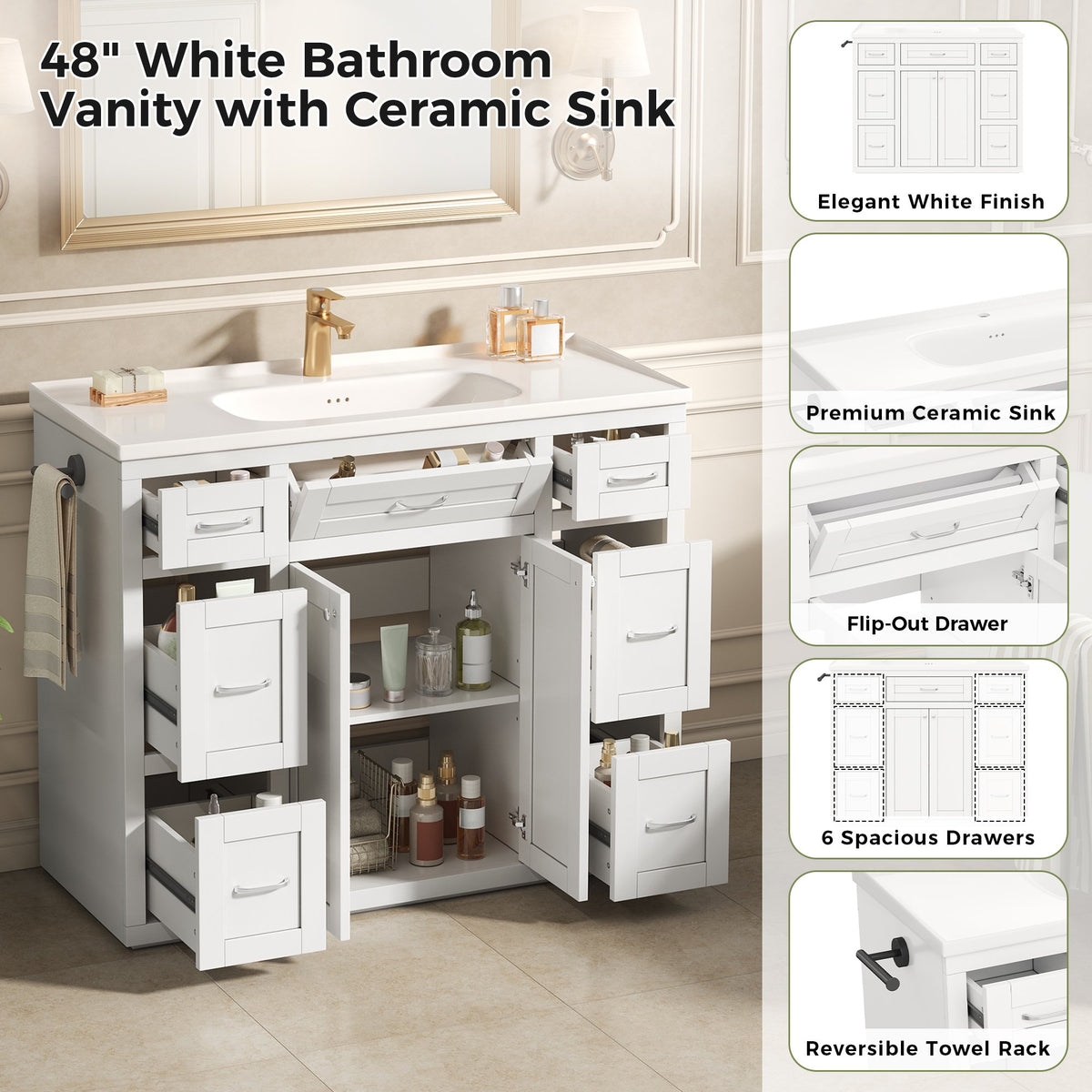 48" White Bathroom Vanity with Ceramic Sink – 6 Drawers (3 Each Side), Center Flip-Out Drawer, Soft-Close Double Doors, Reversible Side Towel Rack, Silver Handles, MDF