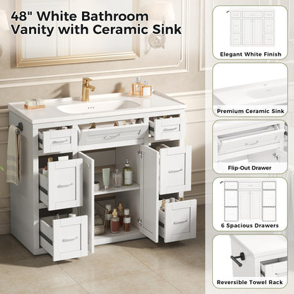 48" White Bathroom Vanity with Ceramic Sink – 6 Drawers (3 Each Side), Center Flip-Out Drawer, Soft-Close Double Doors, Reversible Side Towel Rack, Silver Handles, MDF