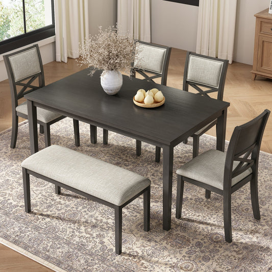 6-Piece Dining Room Table Set, Wooden Kitchen Table Set with 4 Upholstered Cross Back Chairs and Bench, Solid Rubberwood Legs & Linen-Look Cushioned Seats for Kitchen, Dark Gray + Beige Cushion