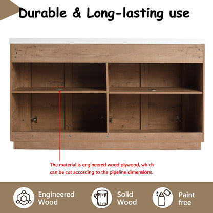 60'' Freestanding Bathroom Vanity with White Resin Sink, 4-Soft-Close Door, KD-Packing, Plywood, Imitative Oak