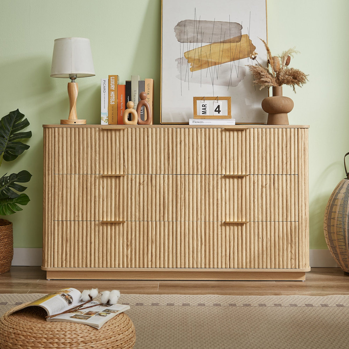 6 Drawers Dresser, 55" Wide Modern Chest of Drawers Curved wave Design, Dresser TV Stand, Wood Drawer Organizer, Walnut