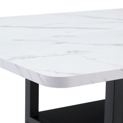 A 71 * 35.4 inch dining table with a tabletop cleverly pieced together by four white textured MDF boards. The desktop has a 43.3 * 19.7