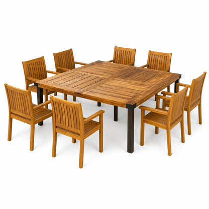 9‑Piece Acacia Wood Outdoor Dining Set, 64" Square Teak Finish Wooden Patio Table with 8 Arm Chairs, Slatted Tabletop & Chair Back, Ideal for Backyard Garden Patio