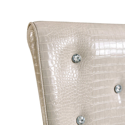 A set of 2 beige and gold vintage crocodile leather cushioned dining chairs, featuring crystal clasp design and artificial leather design, adding a touch of elegance and mystery to the dining area