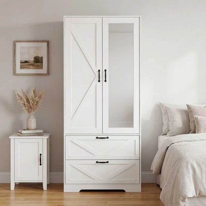 2 Door Wood Wardrobe for Bedroom with Hanging Clothing Rod inside the Cabinet and 2 Drawers for Storage Organization – White