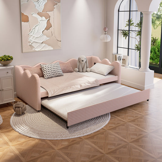 2 in 1 Convertible Sofa Bed, Triple Reinforced Sturdy Sofa Bed for Small Space, Plaid Fabric Couch Bed with USB Charging for Living Room Guest Room Kids Room
