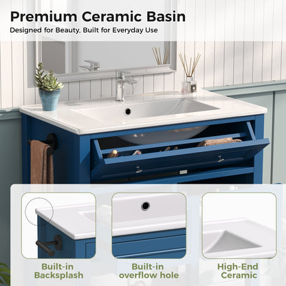 30" Navy Blue Bathroom Vanity with Ceramic Sink – Freestanding Storage Cabinet with Tip-Out Drawer, 2 Drawers & Open Slatted Shelf, Reversible Side Towel Rack, Silver Handles, MDF