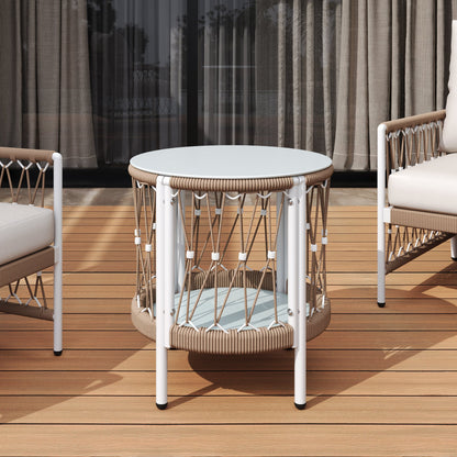 17.32" Bohemian Garden Accent Outdoor Side Table - Handwoven Rope with Powder-Coated Steel Frame, Glass Top