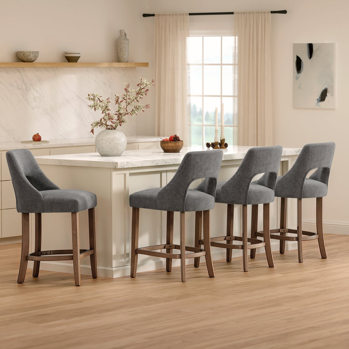 Bar Stools Set of 2, Upholstered Counter Height Bar Stools, Modern Counter Stools with Wood Legs for Kitchen Island Dining Room Bar, Dark Grey