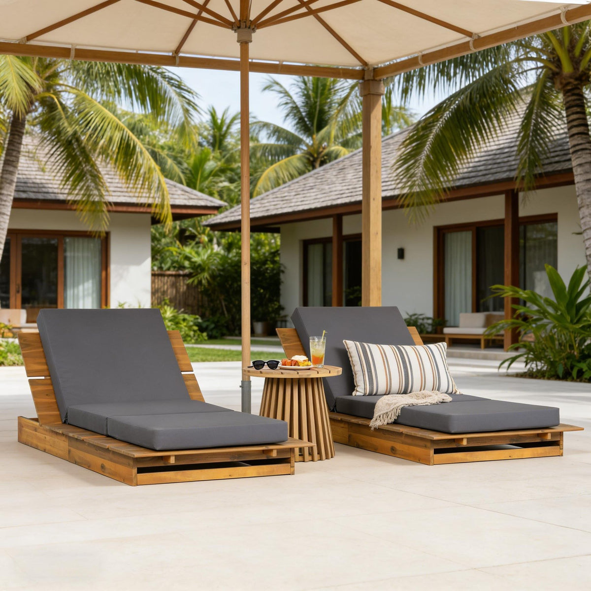 Acacia Wood Chaise Lounge with 4" Thick 3-Fold Dark Gray Movable Cushion – Wide Teak Finish Patio Lounger, 3-Position Recliner, 400 lbs Capacity