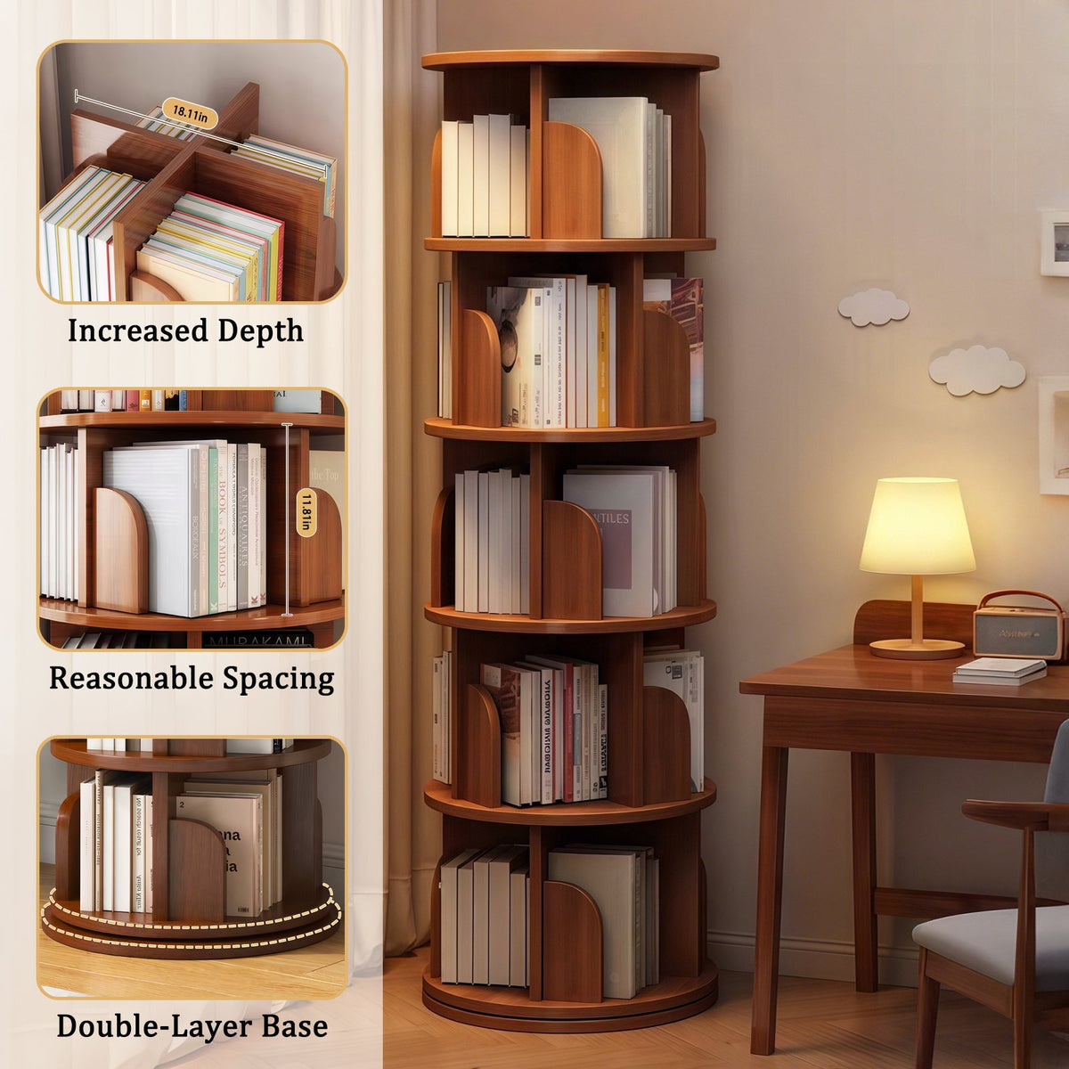 5 Tier Rotating Bookshelf, 360° Display Round Spinning Bookshelf, Space-Saving, Small Space Rotating Bookshelf Tower, Walnut