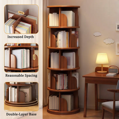5 Tier Rotating Bookshelf, 360° Display Round Spinning Bookshelf, Space-Saving, Small Space Rotating Bookshelf Tower, Walnut