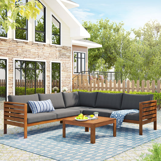<Old SKU: FV201207AAE. Note: Modify Size> Wood Structure Outdoor Sofa Set with gray Cushions Exotic design Water-resistant and UV Protected