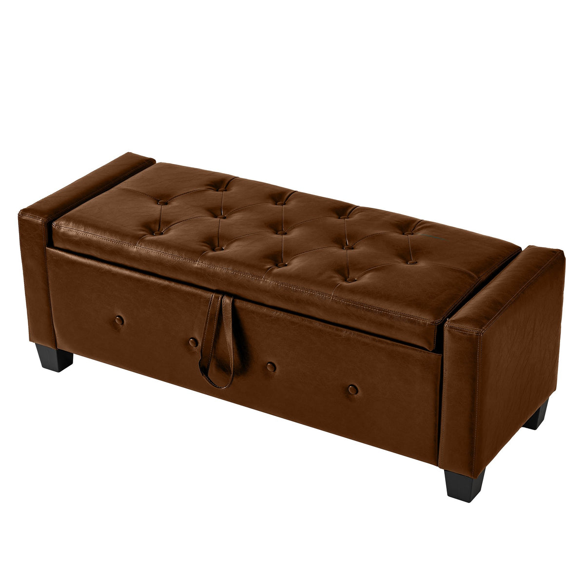 48" Ottoman Bench with Storage, Upholstered Tufted Faux Leather PU Ottoman Brown
