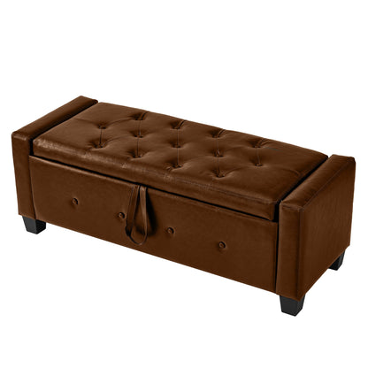 48" Ottoman Bench with Storage, Upholstered Tufted Faux Leather PU Ottoman Brown