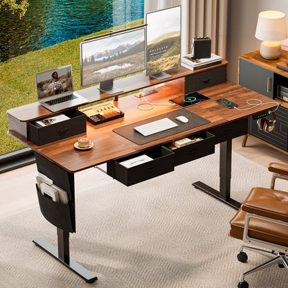 71x32" Sit-Stand Desk w/ 5 Drawers, Power Hub, LED Lights, Monitor Shelf & Cable Mgt, 28.3-47.2" Adj, Walnut