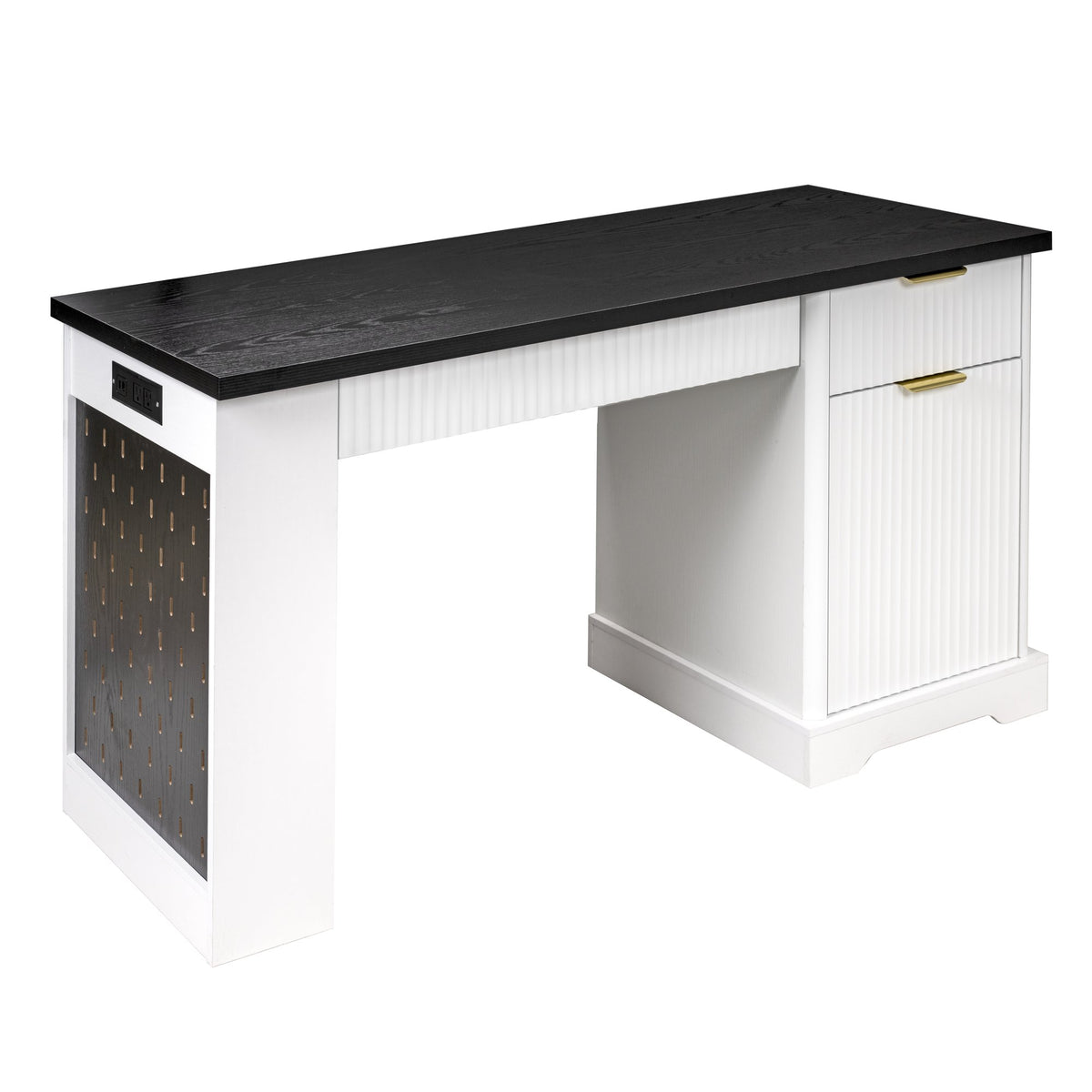 55" Modern Fluted Office Desk with Storage Cabinet & Drawers, Computer Writing Desk with Power Outlet, Pegboard