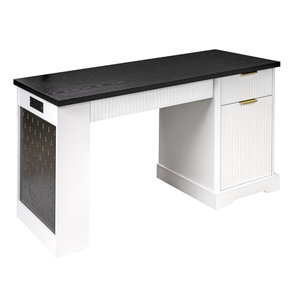 55" Modern Fluted Office Desk with Storage Cabinet & Drawers, Computer Writing Desk with Power Outlet, Pegboard