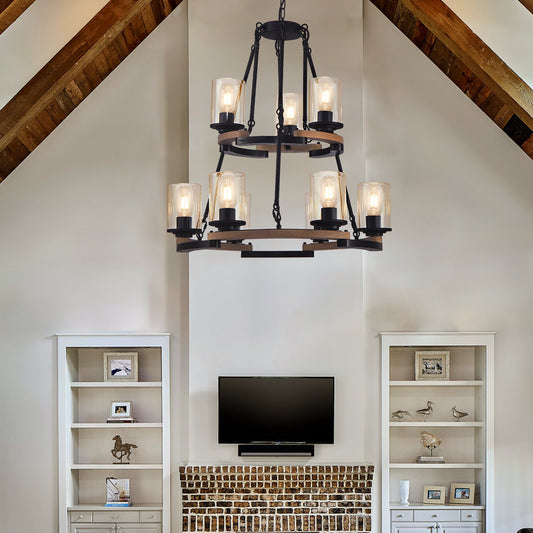 9-Light Vintage Wagon Wheel Chandelier, Rustic Farmhouse Black Wood Ceiling Light, Adjustable Height for Dining Room Living Room Entryway Kitchen